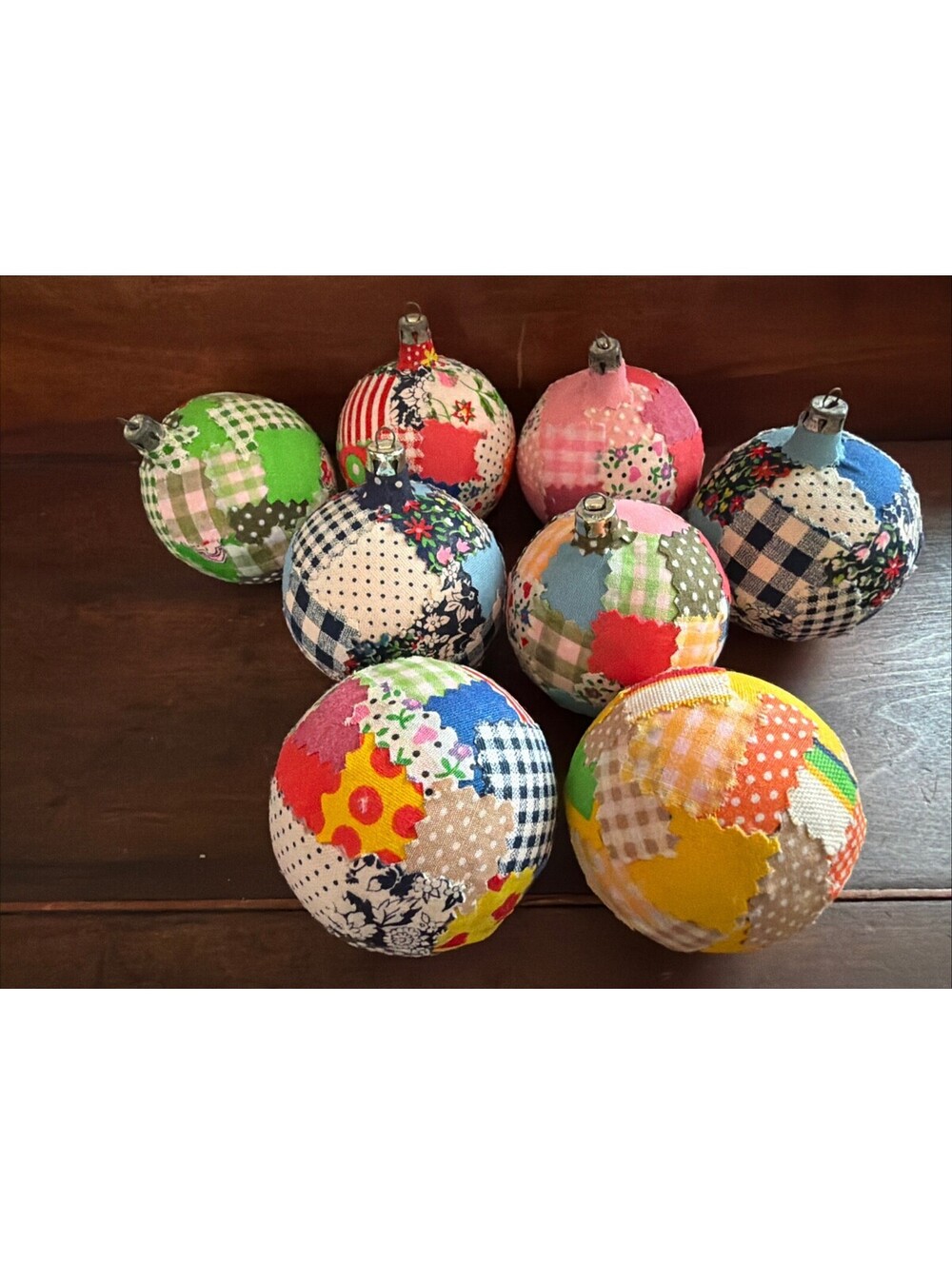 Vintage Christmas Ornaments 1970s Patchwork Fabric Covered Glass Handmade Retro